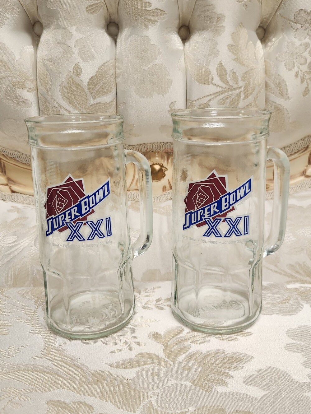 Vintage Super Bowl XXI (21) Glass Mugs, Set Of 2, 1986/7, Pasedena, Fisher, Cup
